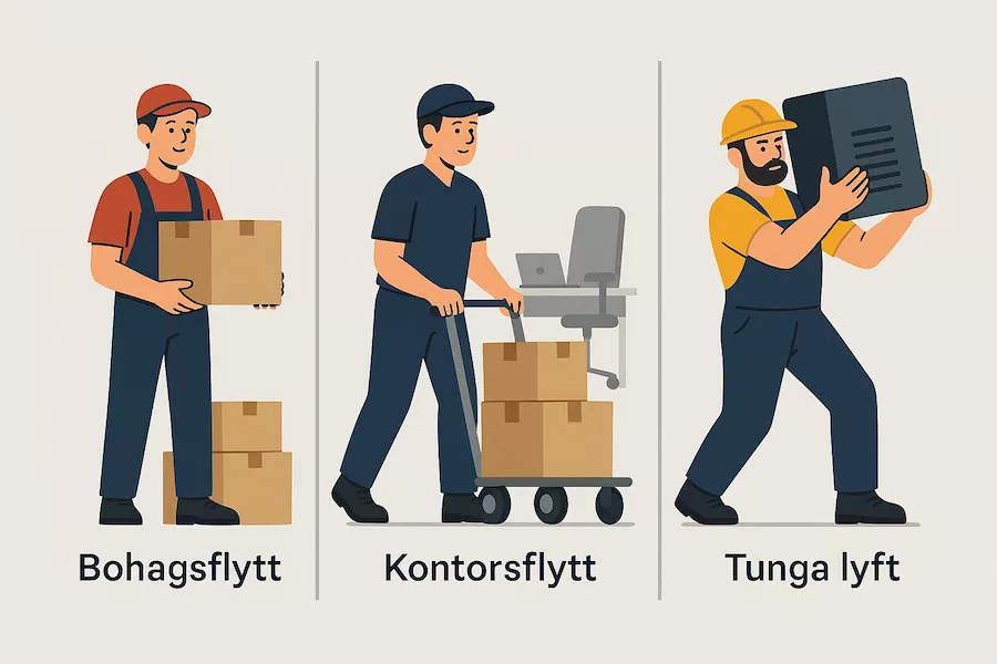 “Flyttfirmor som hanterar bohag, kontorsflytt och tunga lyft – symboliserar olika typer av flyttföretag med specialisering på privatflytt, kontor och tung utrustning”